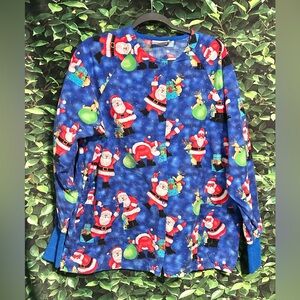 Uniform City Christmas Santa Scrub Top Long Sleeve Snap Front Blue Women’s M